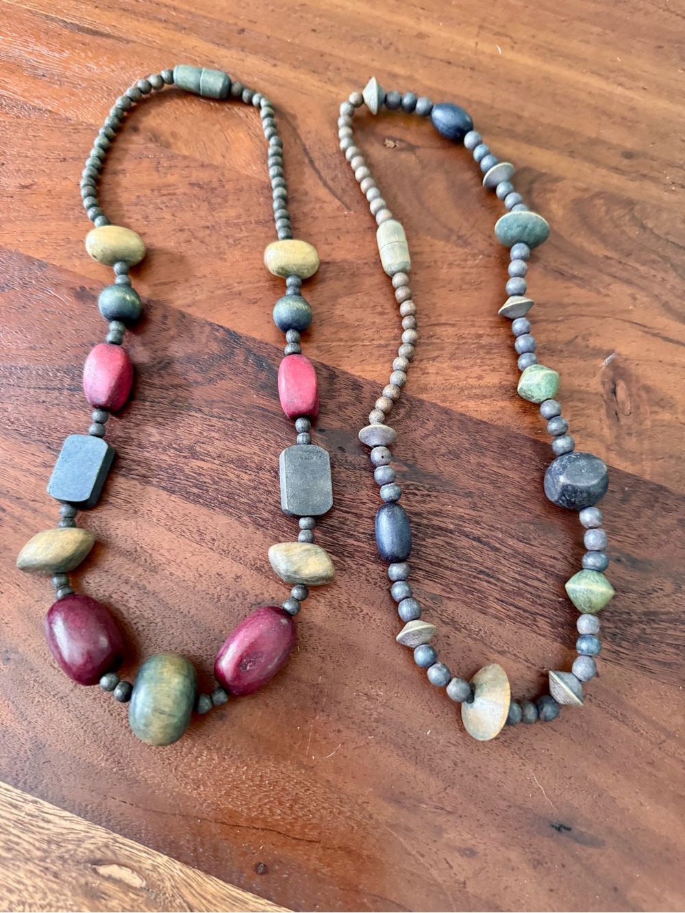 2 Vintage Chunky Wooden Beaded Necklaces Colorful Boho Statement Muted Colors